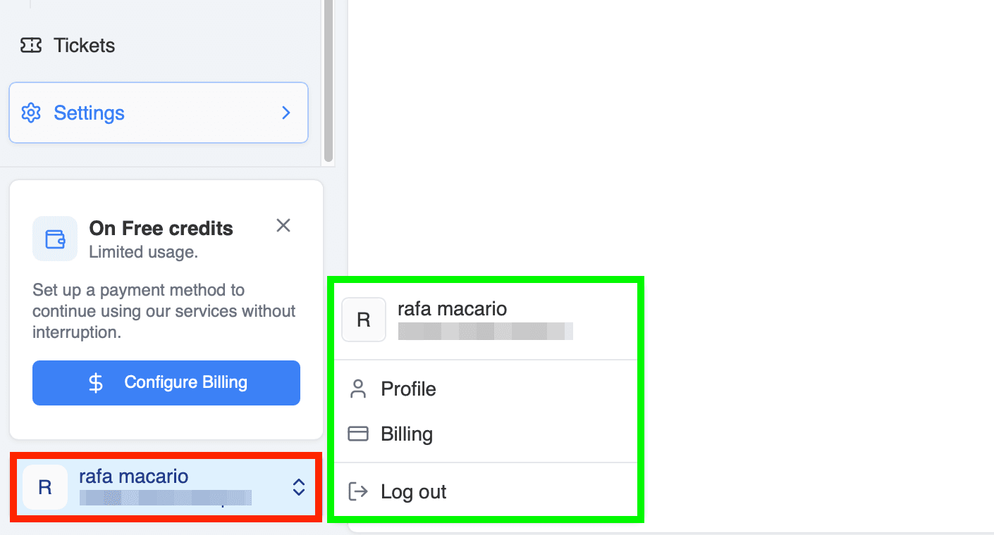 Account options menu