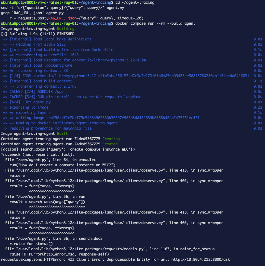 The terminal showing a 422 HTTPError traceback