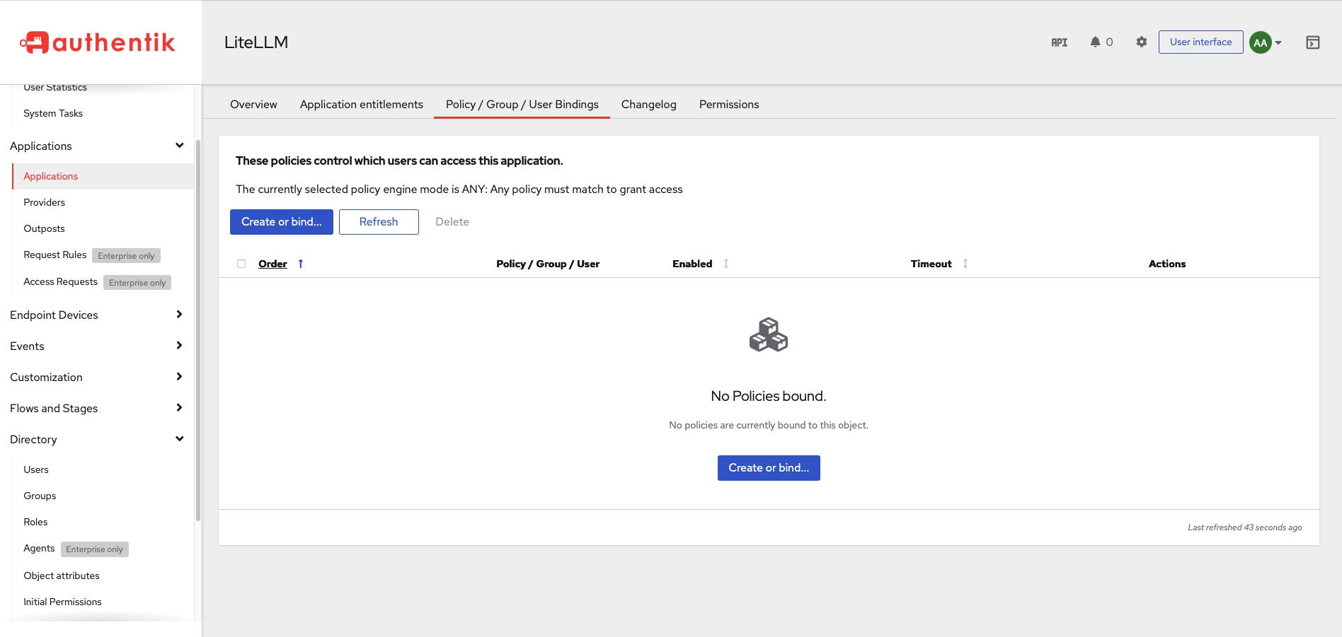 The LiteLLM application's own bindings tab reading No Policies bound