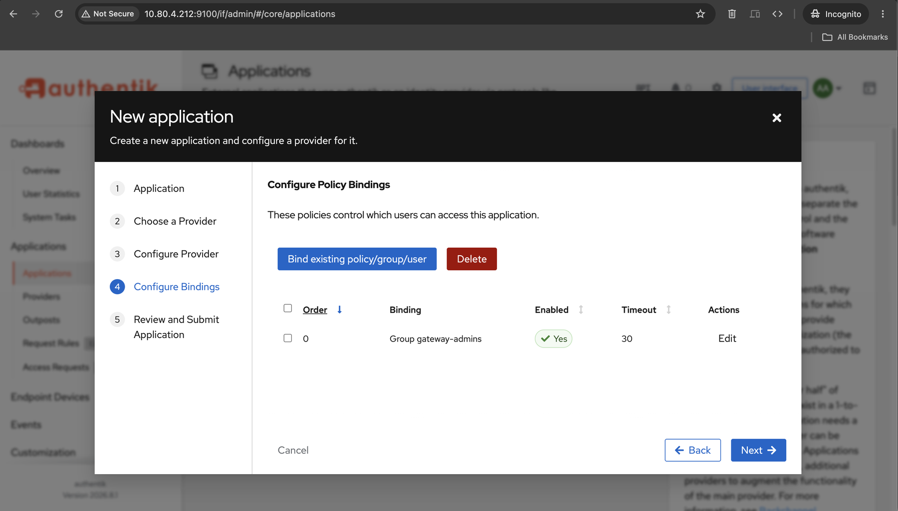 The same wizard step after binding, listing Group gateway-admins as enabled