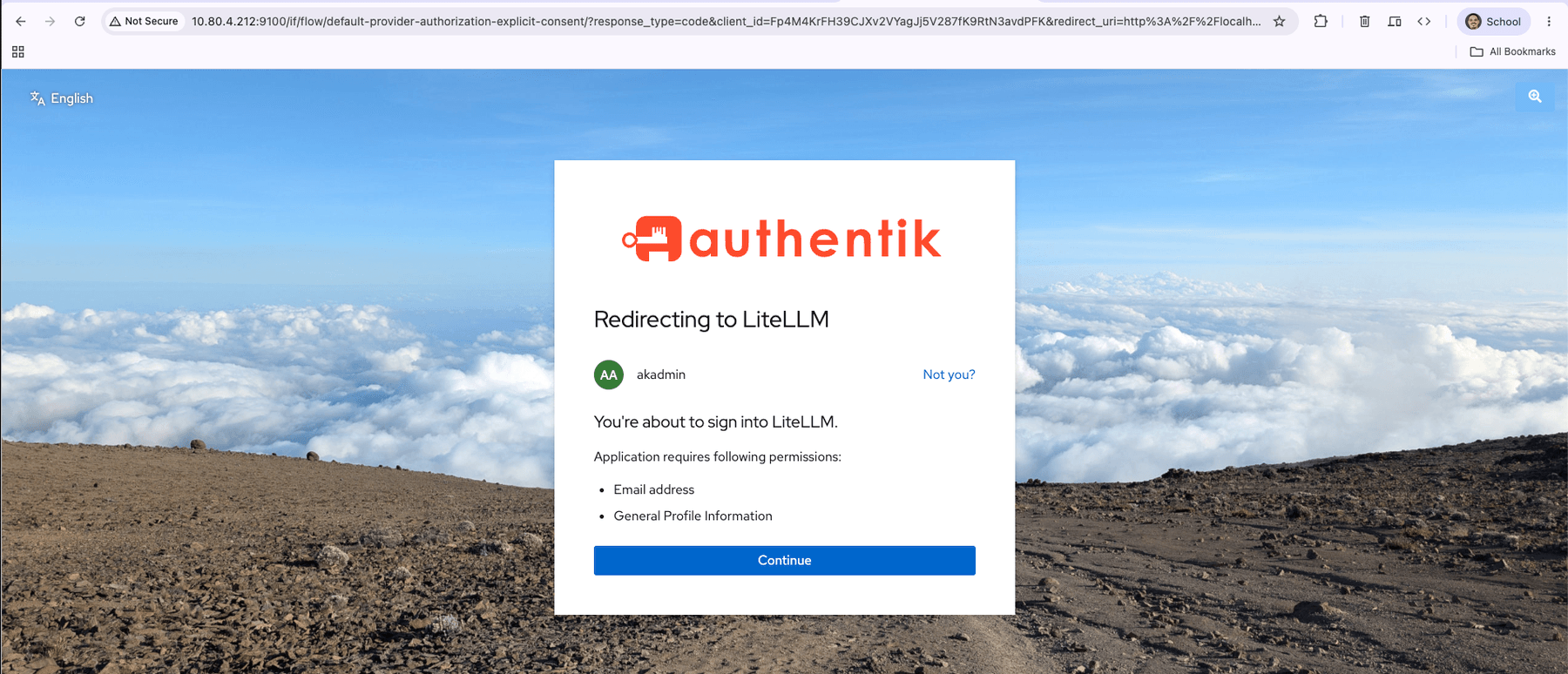 The consent screen for akadmin, listing Email address and General Profile Information