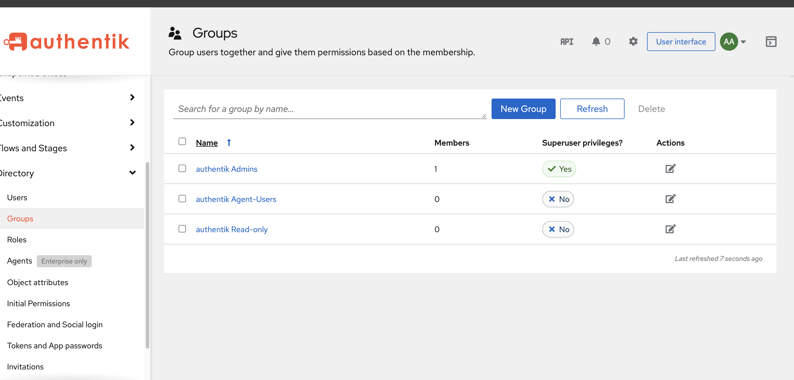 authentik's Groups list showing only the three built-in groups, with authentik Admins already holding one member