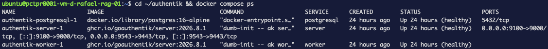 docker compose ps showing authentik's server, worker and postgresql containers all reporting healthy