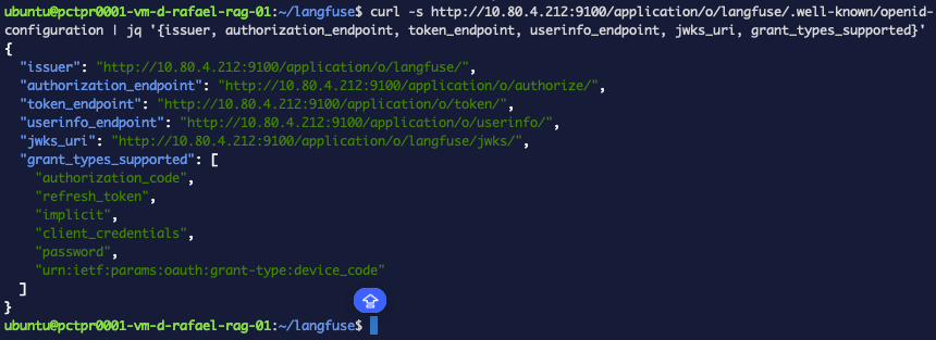 The discovery document returned by the running authentik, showing the issuer, the authorize, token and userinfo endpoints, the JWKS URL and the supported grant types