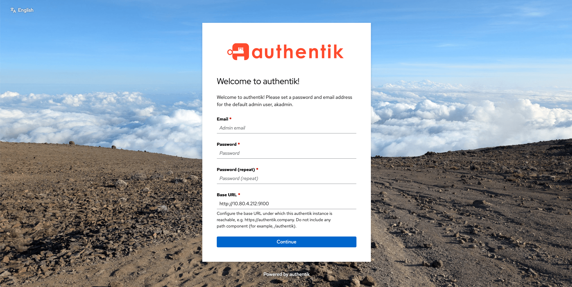 The authentik initial-setup screen, setting the email and password for the default akadmin account