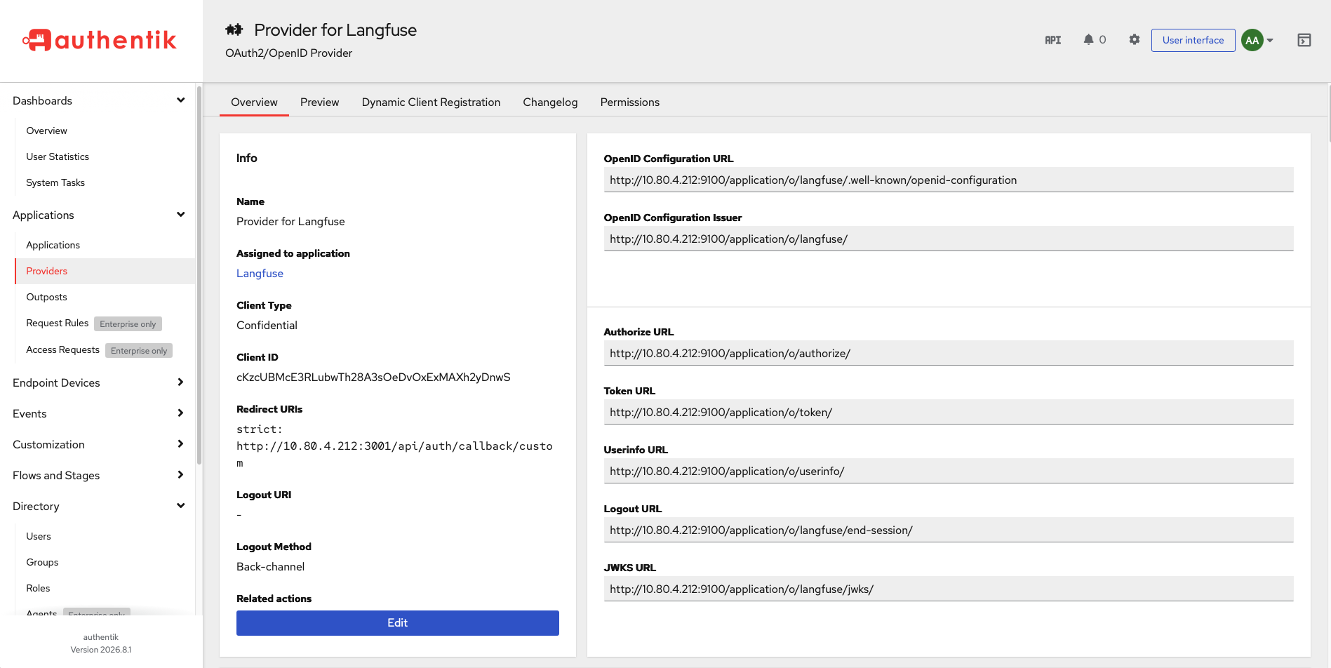 The Provider for Langfuse overview page listing client type, client ID, the strict redirect URI and the OpenID configuration, authorize, token, userinfo and JWKS URLs