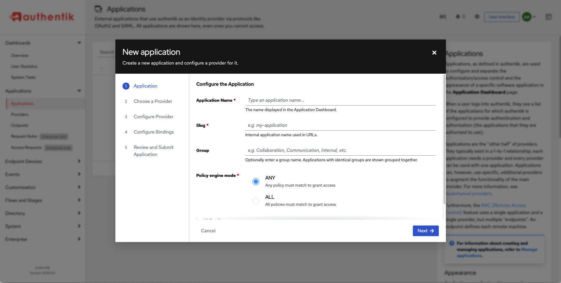 The wizard's Application step, showing the Name, Slug, Group and Policy engine mode fields before anything is entered