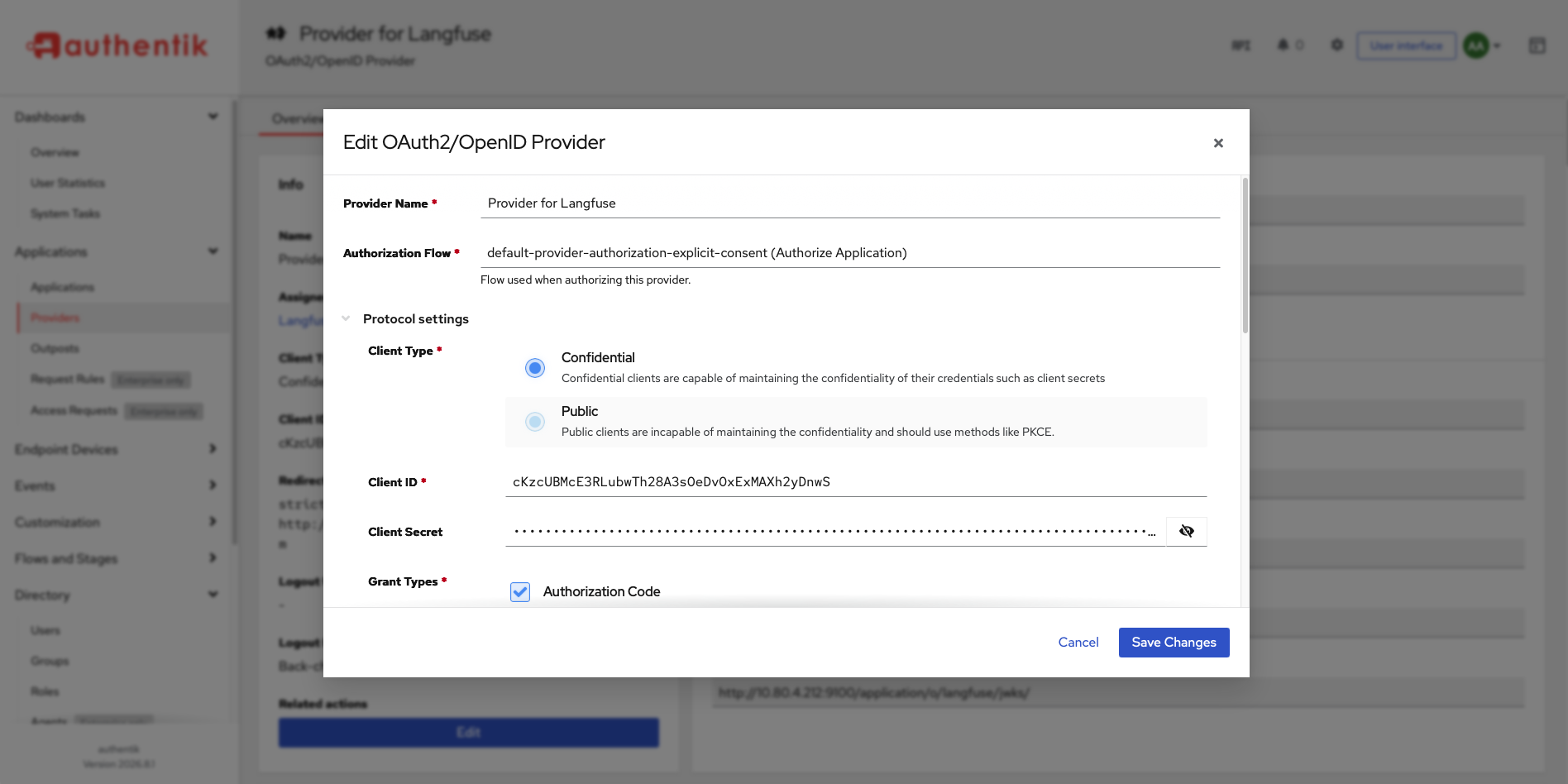 The OAuth2/OpenID provider edit form showing the explicit-consent authorization flow, Client Type set to Confidential, and Authorization Code checked