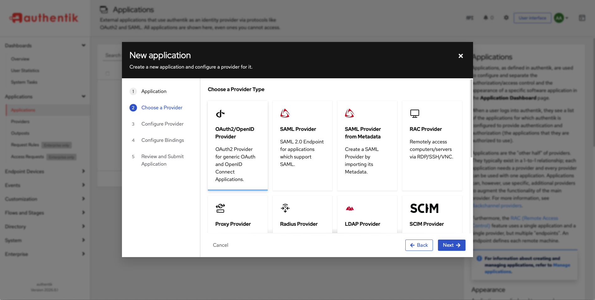 The wizard's provider type step with eight tiles and OAuth2/OpenID Provider selected