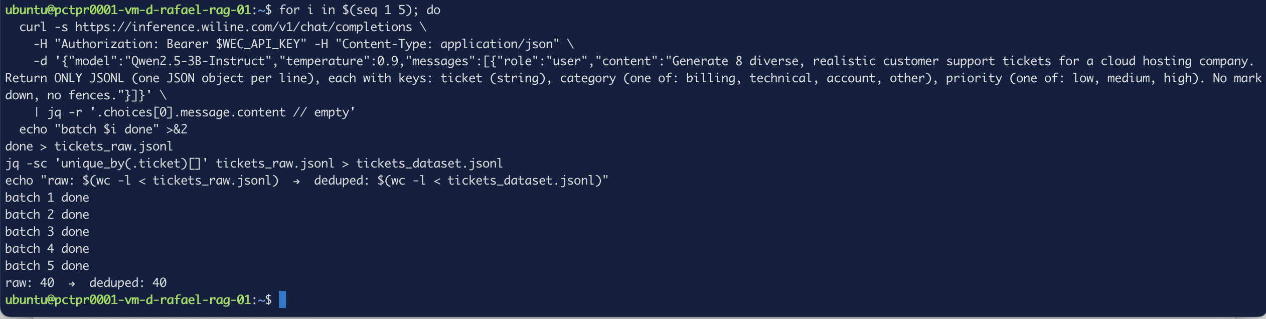 Step 3 — five batches concatenated and deduped to 40 unique rows