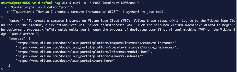 The RAG service answering a docs question with sources