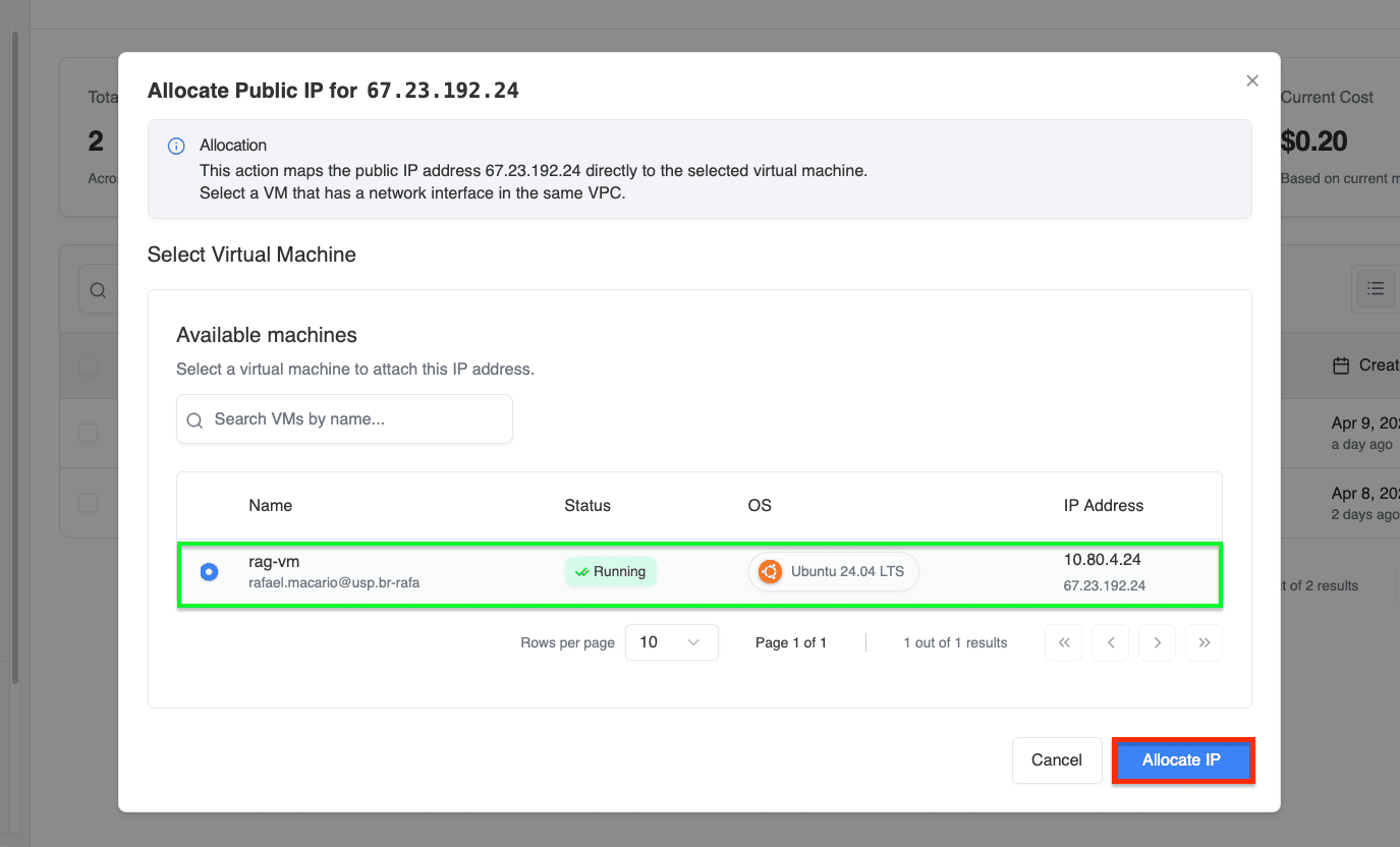 Allocate IP modal