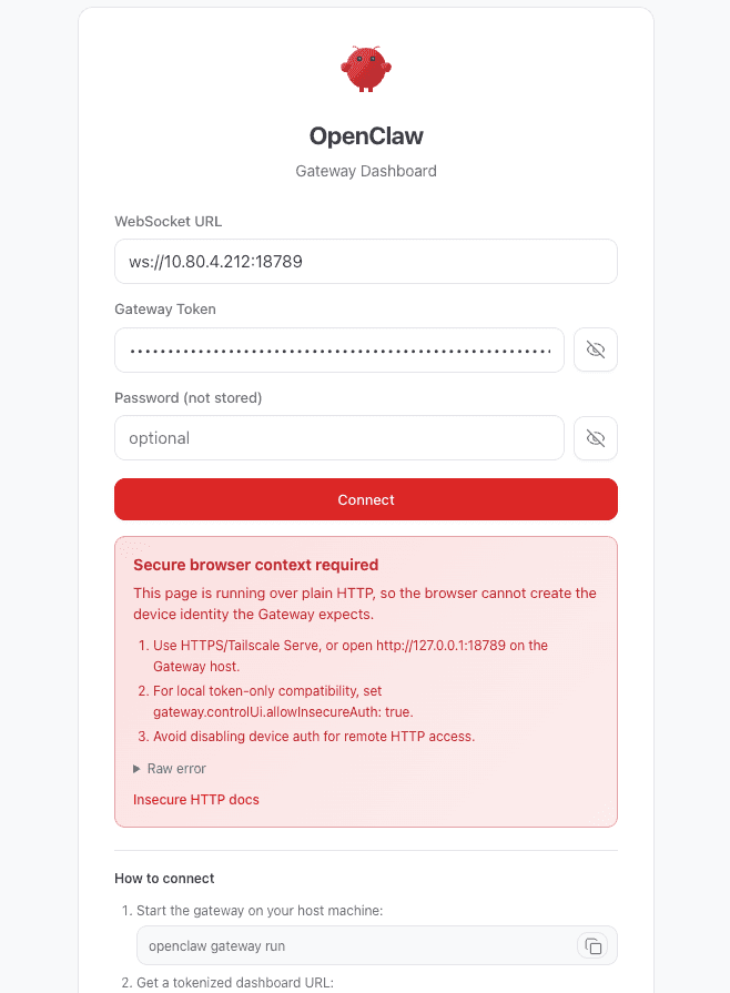 The red "Secure browser context required" message in the Control UI