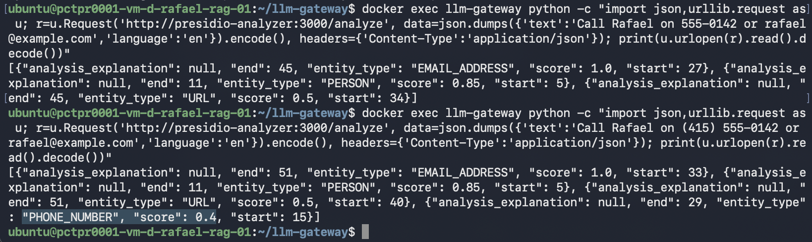 Analyzer response scoring the email at 1.0 and the name at 0.85, with no phone number detected
