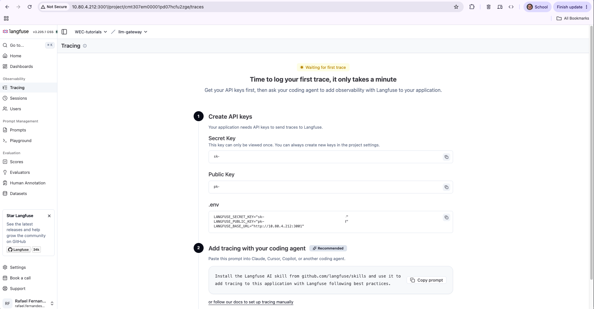 The Langfuse project setup screen showing the secret and public keys