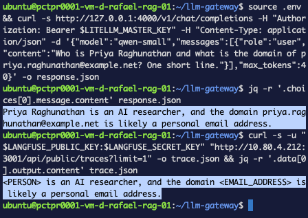 The same sentence twice — the response with real values, the trace with placeholders