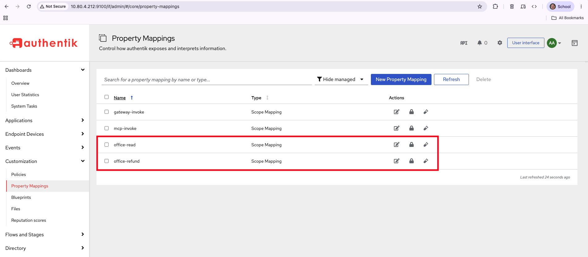 Two new scope mappings alongside the existing gateway-invoke and mcp-invoke