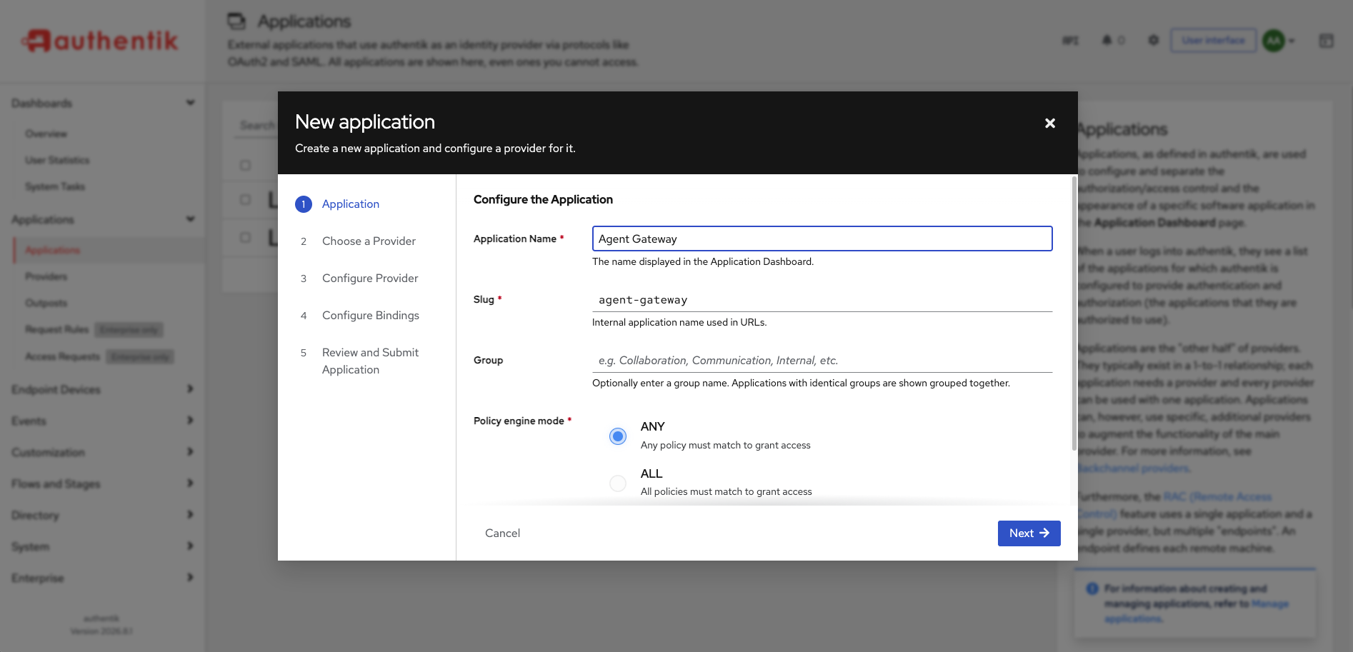 The New application wizard's Configure the Application step, with its five-step list on the left reading Application, Choose a Provider, Configure Provider, Configure Bindings, Review and Submit
