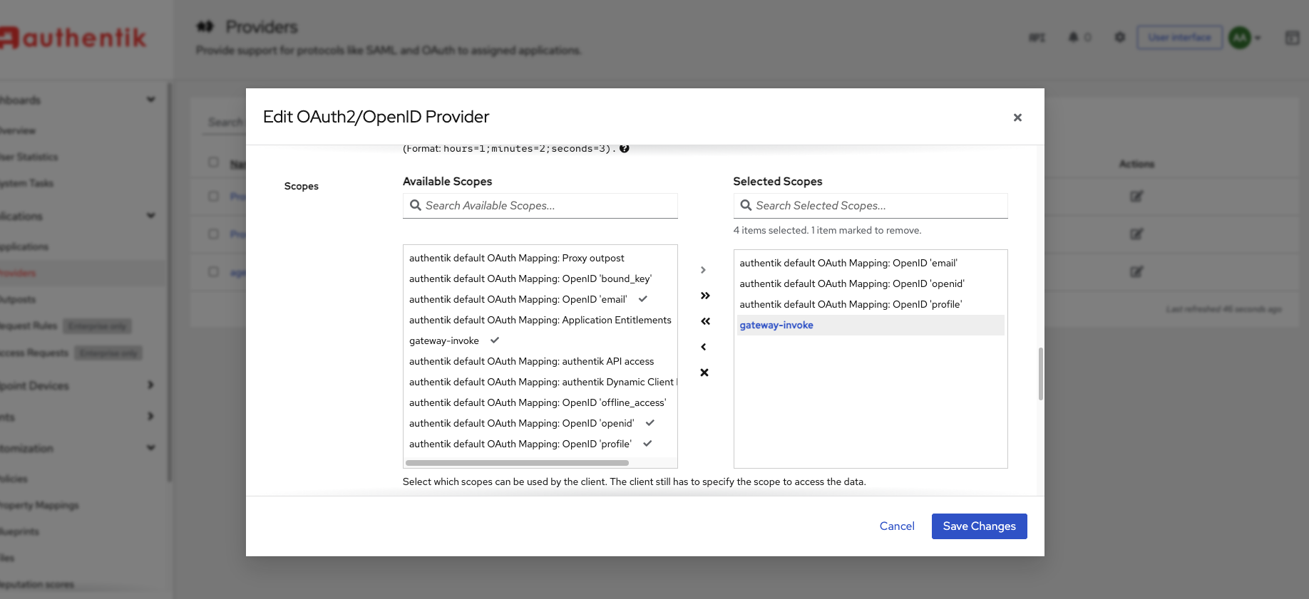 The provider's Scopes dual-list with email, openid, profile and gateway-invoke in the Selected column