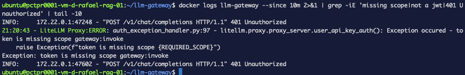 The gateway log showing the exception token is missing scope gateway followed by a 401 Unauthorized response