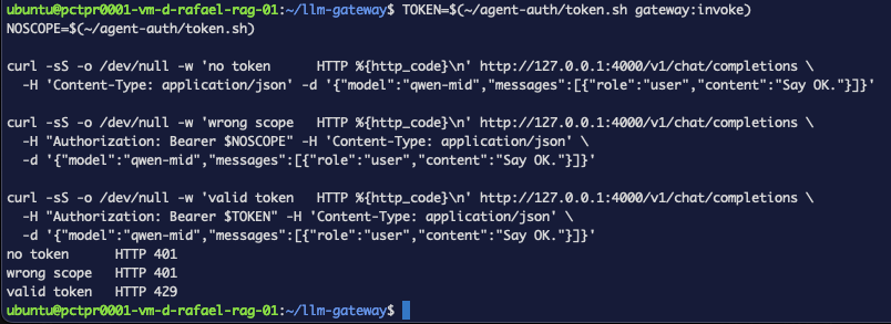 Three curl calls printing no token HTTP 401, wrong scope HTTP 401, and valid token HTTP 429