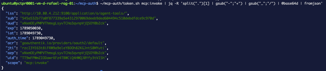 The decoded tools token showing an issuer ending in agent-tools, an audience different from the gateway client, and scope mcp