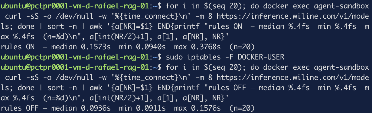 The naive measurement showing a 64 millisecond median difference between rules on and rules off