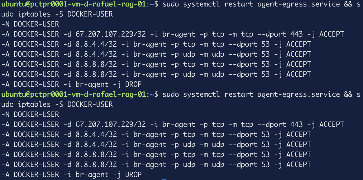 The same six rules listed after two consecutive restarts of the unit, identical both times