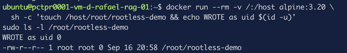 An unprivileged user runs a container that creates a file inside /root, and the host listing confirms the file is owned by root