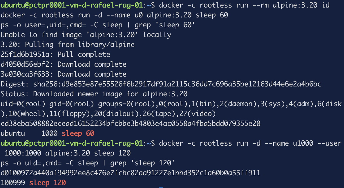 The container reports uid 0 root; the host shows that process owned by ubuntu uid 1000; a container running as uid 1000 appears on the host as uid 100999