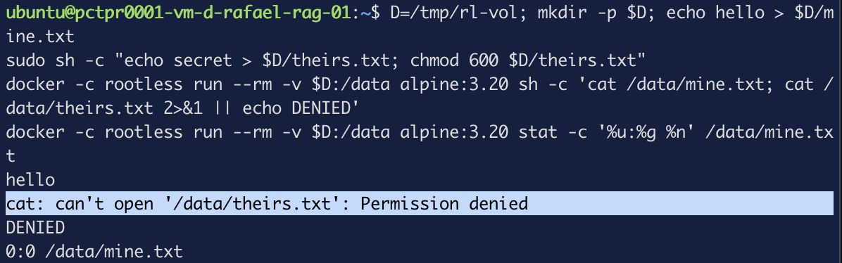The container reads the user-owned file, is denied on the root-owned file, and reports the user-owned file as belonging to 0:0 inside the container