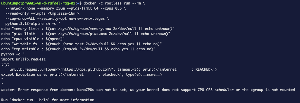 Docker refuses the run with the error NanoCPUs can not be set, as your kernel does not support CPU CFS scheduler or the cgroup is not mounted