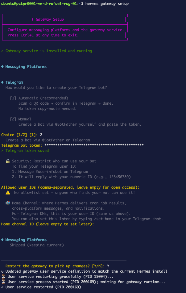 Terminal showing the full wizard run — token saved, the allowlist warning, and the gateway restart
