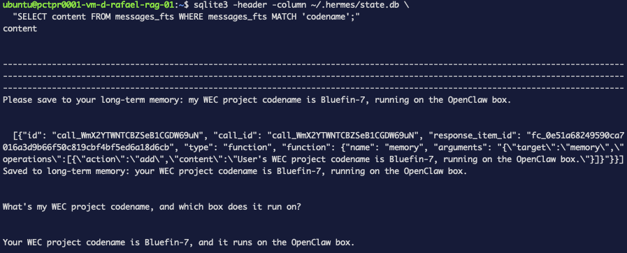 The recorded memory tool call in the messages table — the add operation that wrote the Bluefin-7 fact to MEMORY.md