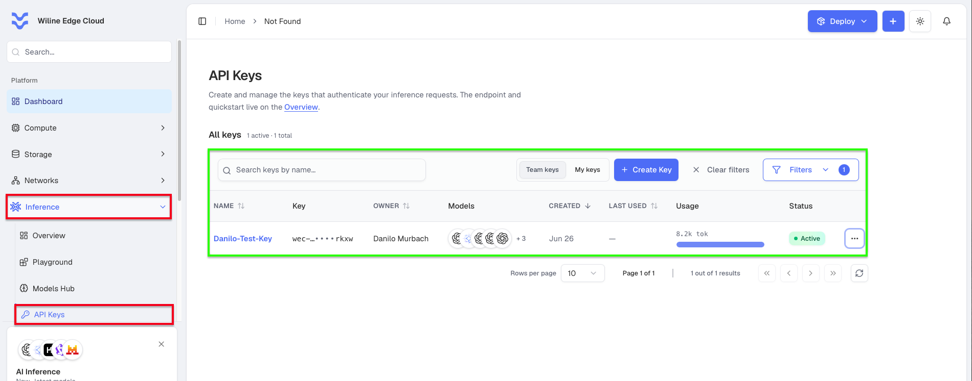 The API Keys page — search, Team keys / My keys tabs, Create Key and Filters, and the keys table