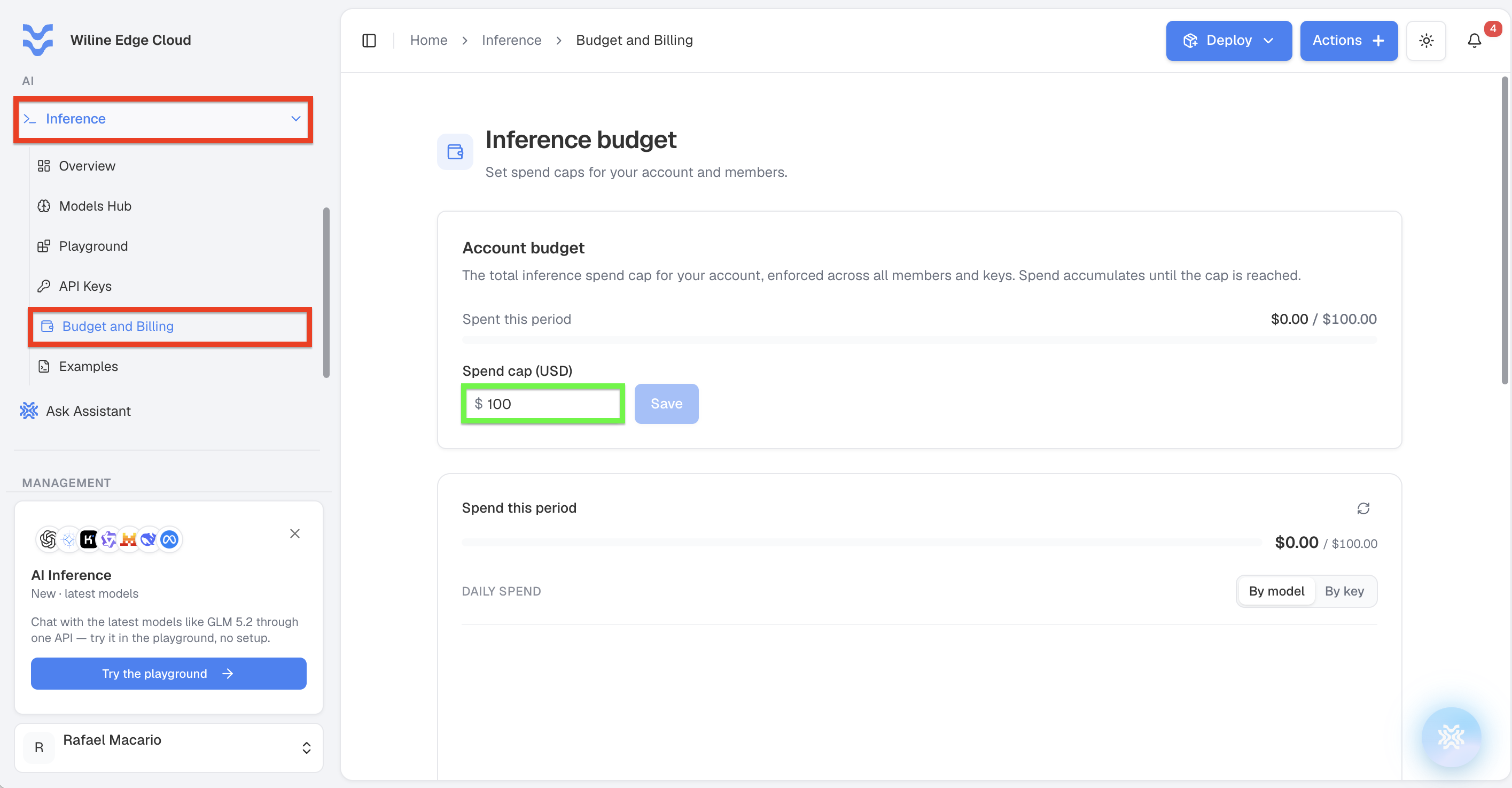 Budget and Billing in the sidebar, with the Account budget card and the Spend this period card below it