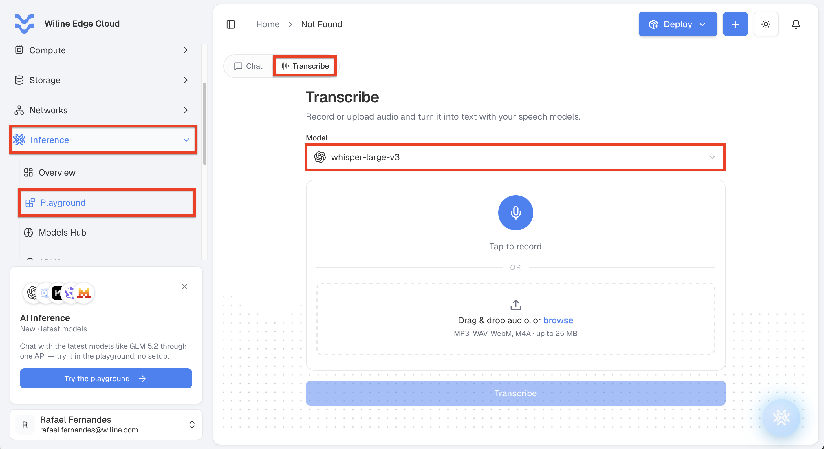 The Playground on the Transcribe tab