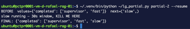 The resumed run showing fast recovered from Postgres and only slow pending