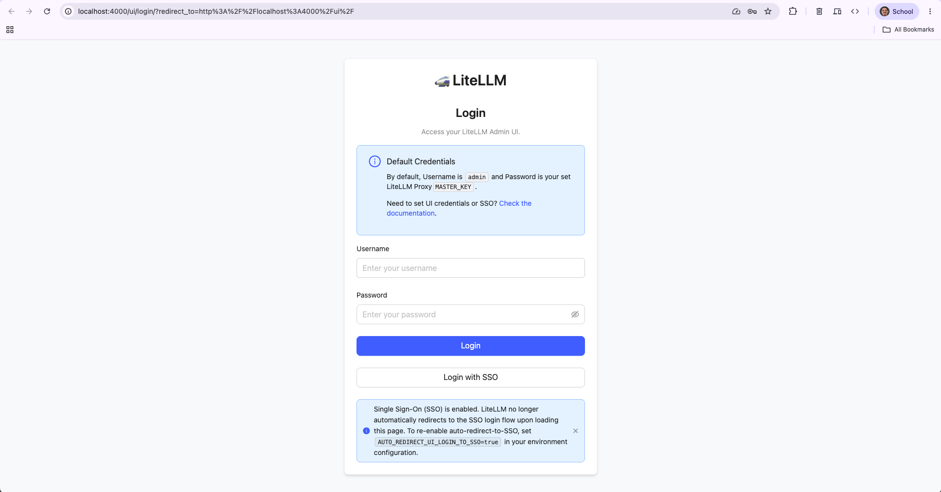 The LiteLLM login page showing a username and password form above the Login with SSO button, with a panel naming the master key as the default password