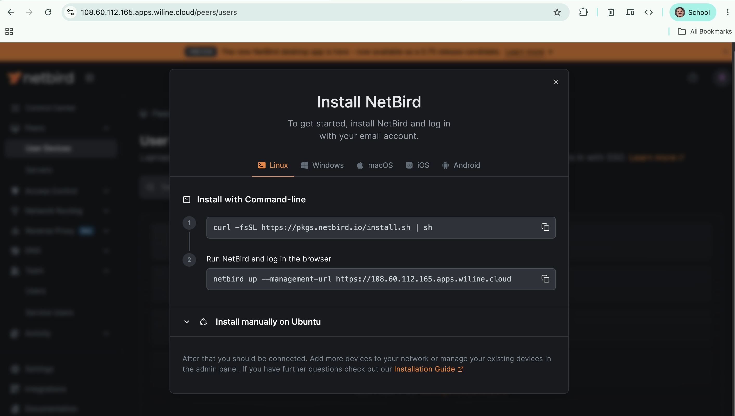 Add Peer on the self-hosted dashboard — note the --management-url flag