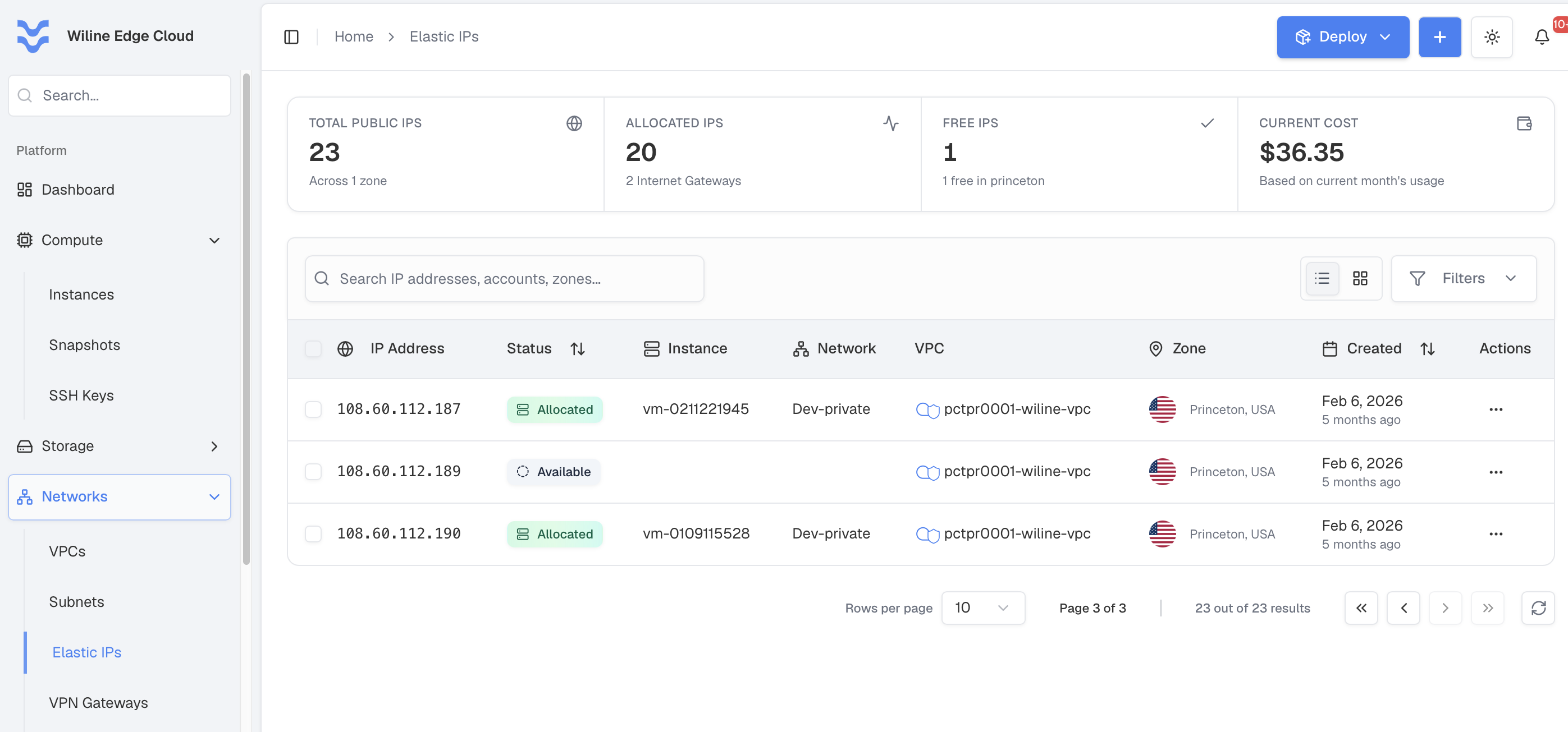 An available Elastic IP in Networks → Elastic IPs