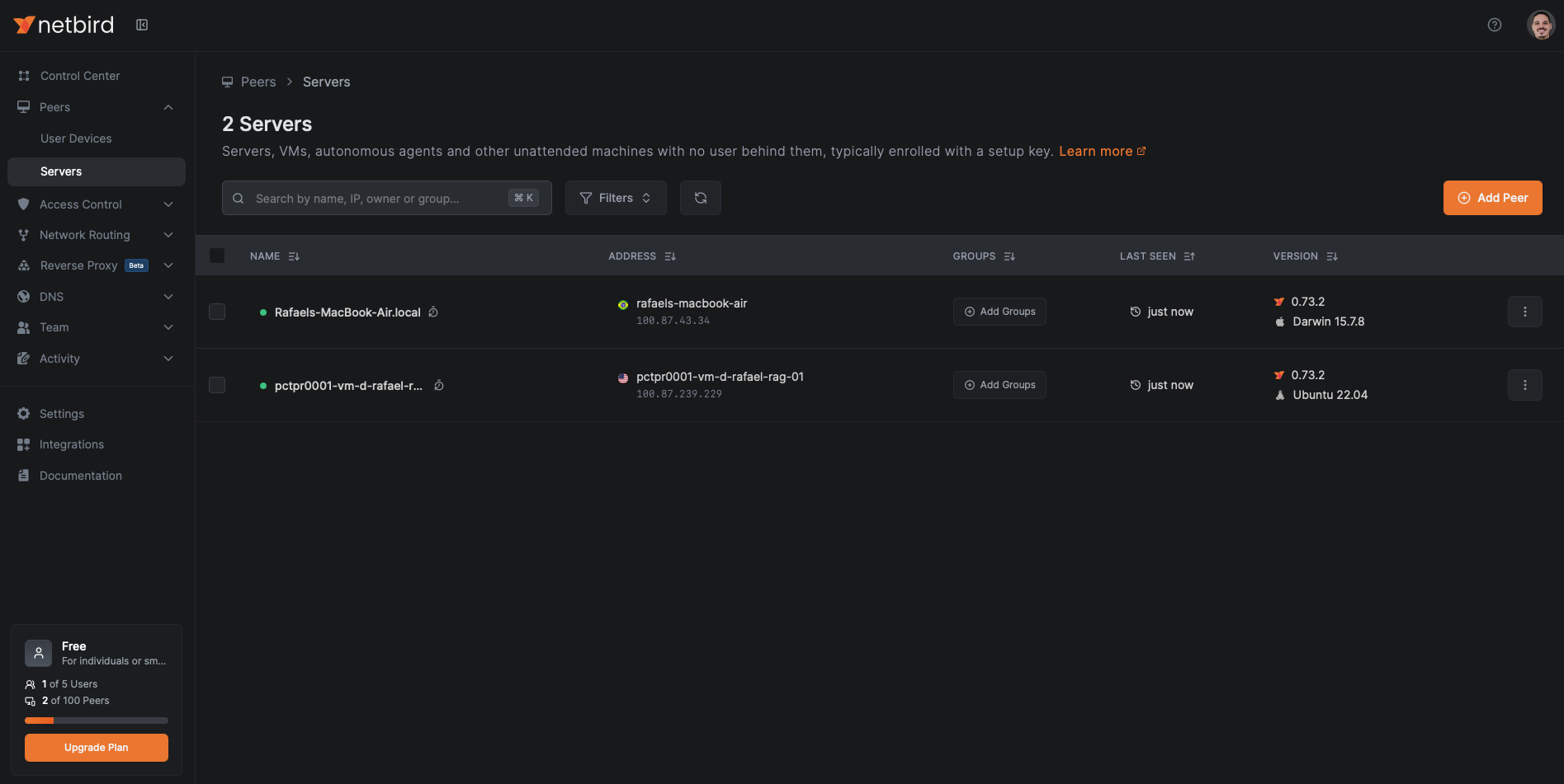The VM and laptop both connected as peers in the NetBird dashboard