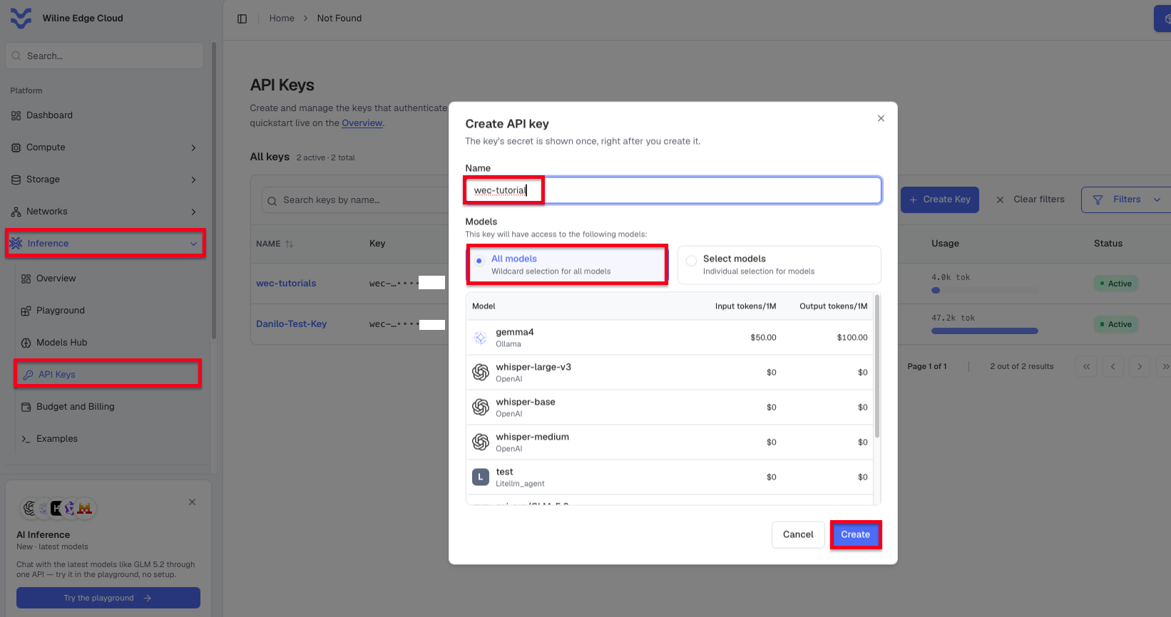 The WiLine portal API Keys page