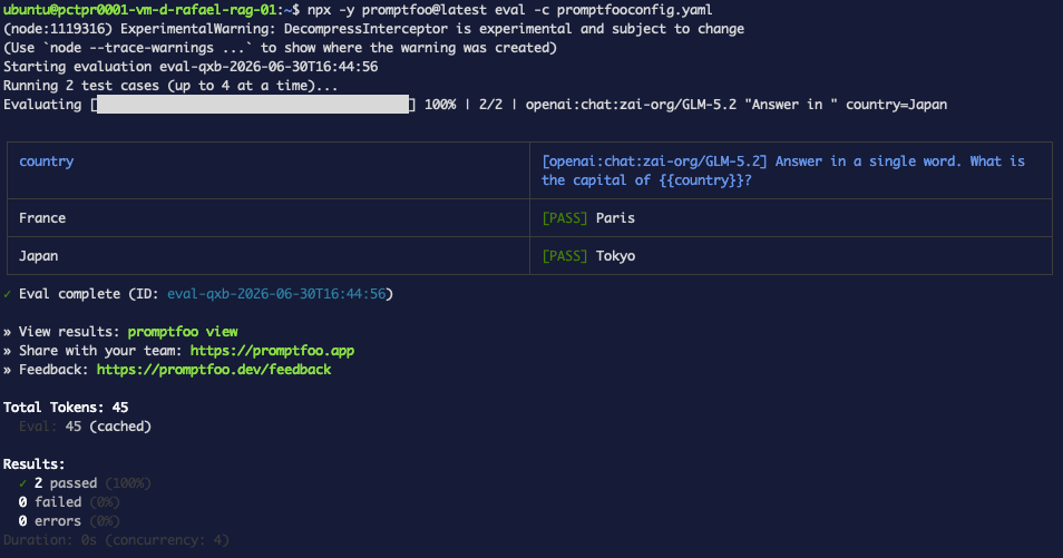 Terminal: first eval, 2 cases both PASS