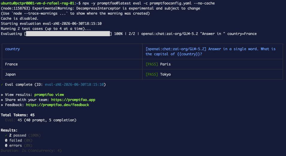 Terminal: latency 30000ms + max_tokens:16, 2 PASS