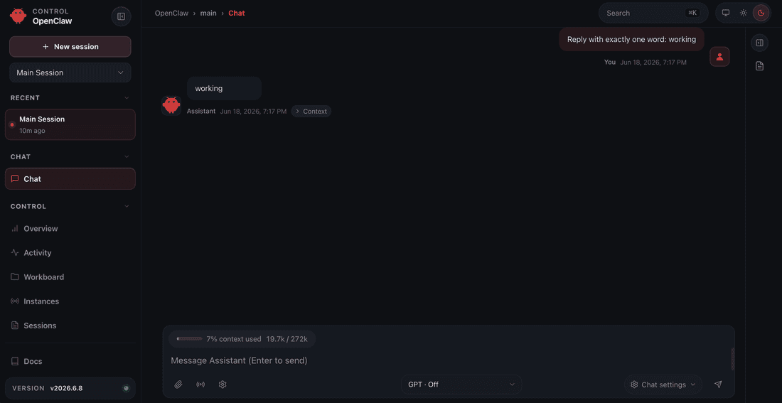 OpenClaw Control UI in the browser, logged in