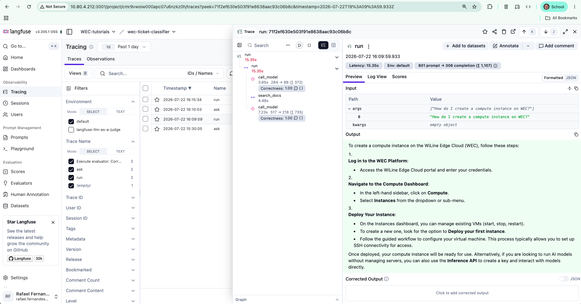 The Langfuse trace tree: run, two call_model generations, and the search_docs span