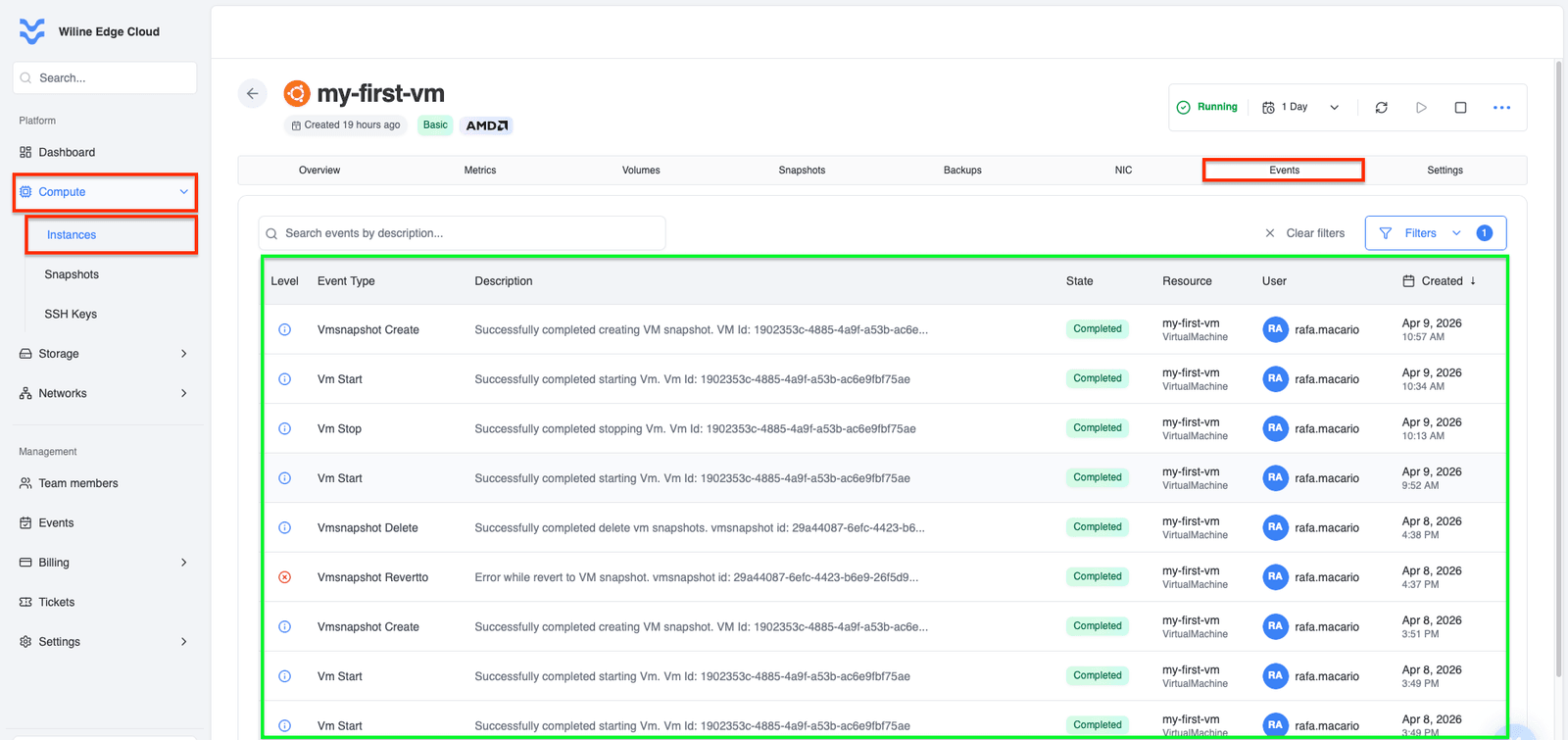 VM Events Tab