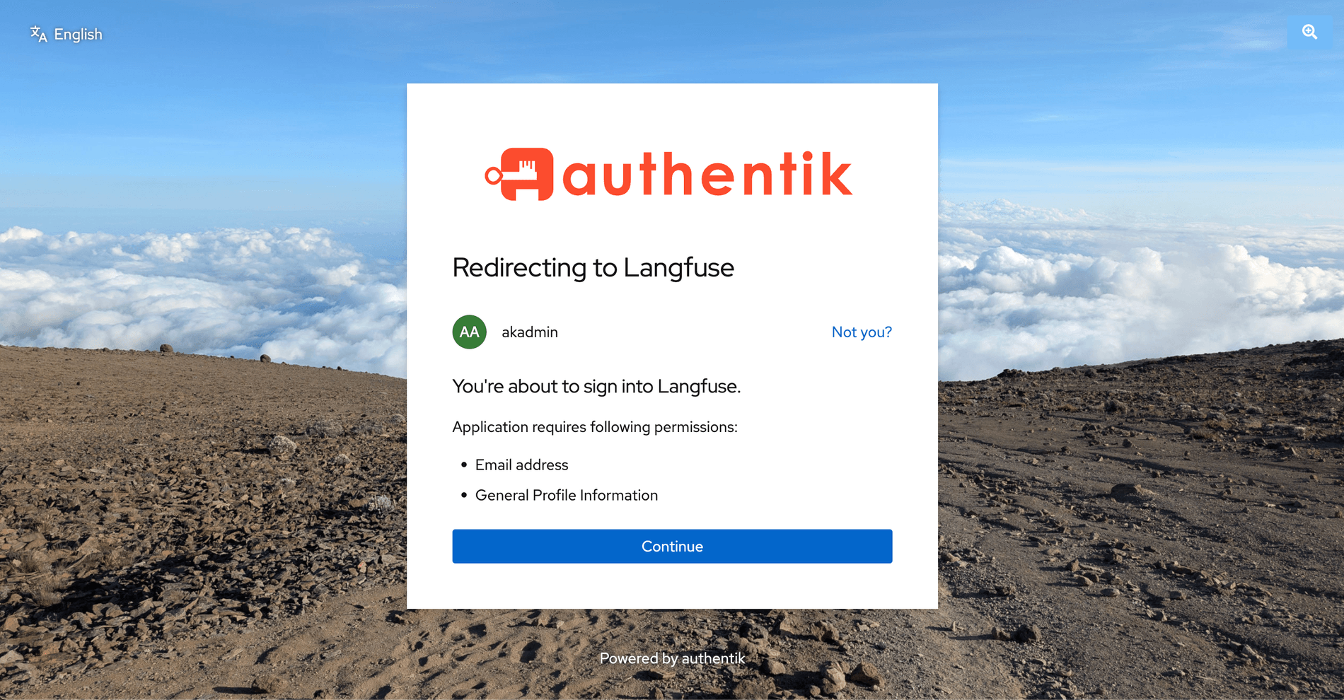 La pantalla de consentimiento de authentik, Redirecting to Langfuse, listando Email address y General Profile Information