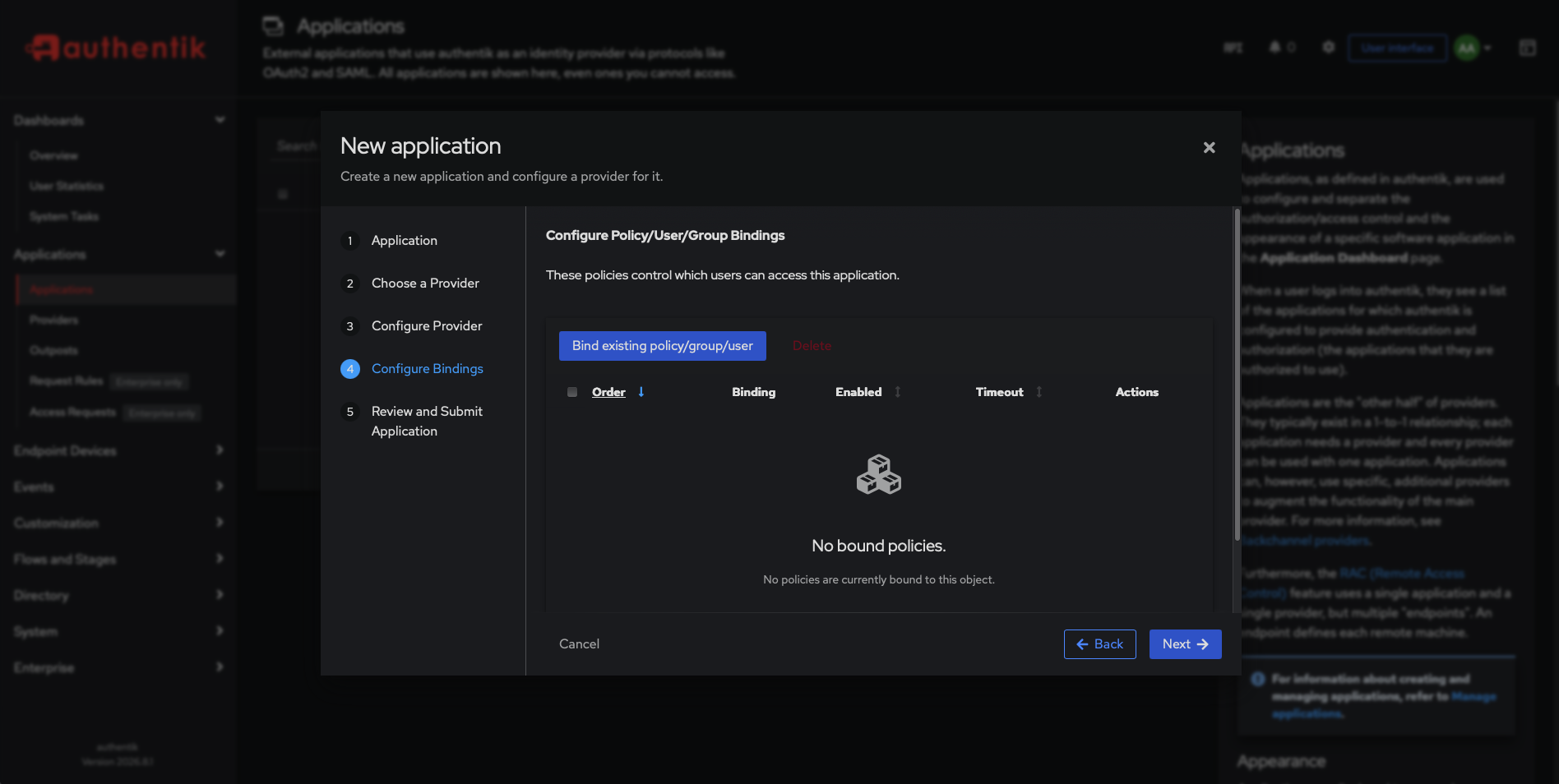 El paso Configure Bindings del asistente indicando No bound policies